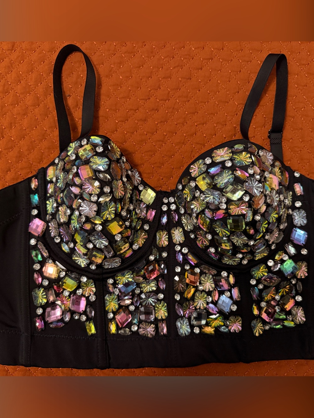 Black Jeweled Bustier Bra with Iridescent Crystal Accents